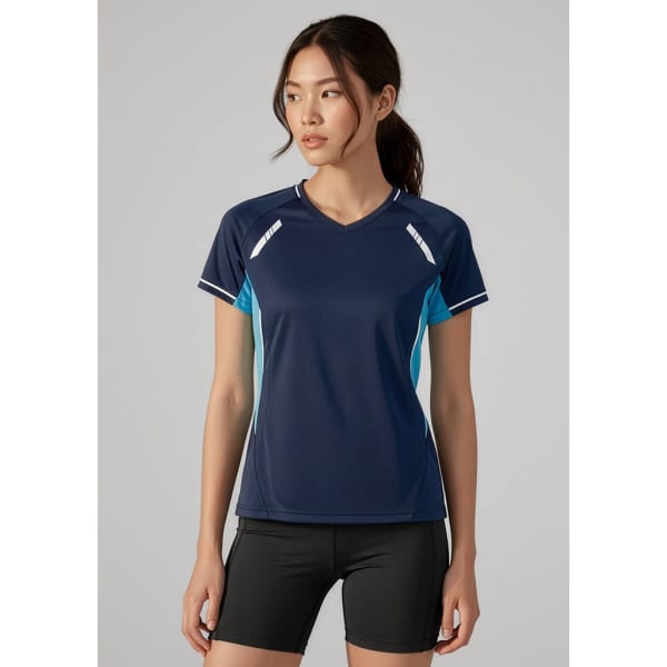 A navy blue women's short sleeve tee with teal accents and a logo. Features a sporty design and a flattering fit.