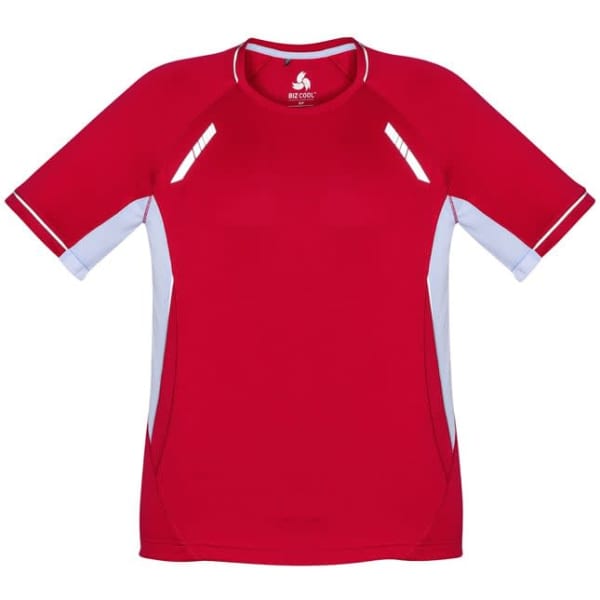 A red short sleeve t-shirt featuring white side detailing and a logo on the collar.