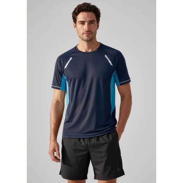 A navy short sleeve tee featuring blue accents and reflective elements. The model is wearing black shorts.