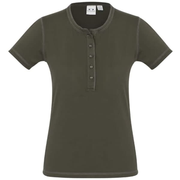 A ladies vintage tee in olive green with a henley neckline and short sleeves, featuring button details.