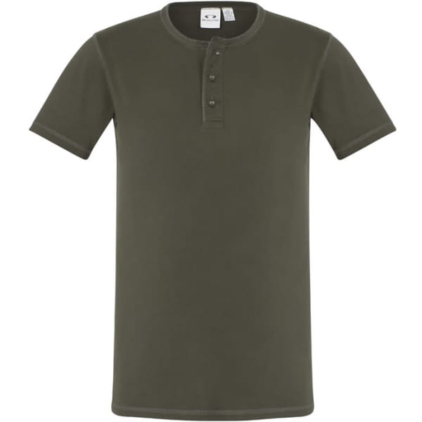 A short-sleeved men's vintage tee in olive green, featuring a henley style with button detail and a branded label.