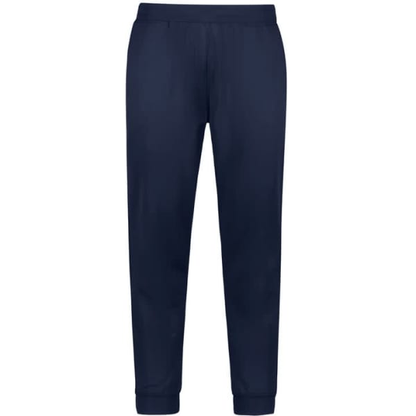 Navy track pants with a tapered fit and elastic waistband, featuring a logo on the design.