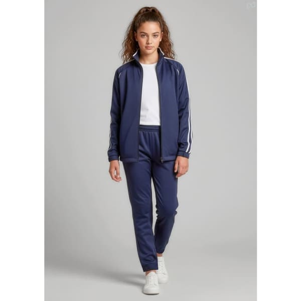 A model in a navy tracksuit, featuring a zip-up jacket and matching track pants, set against a grey background.