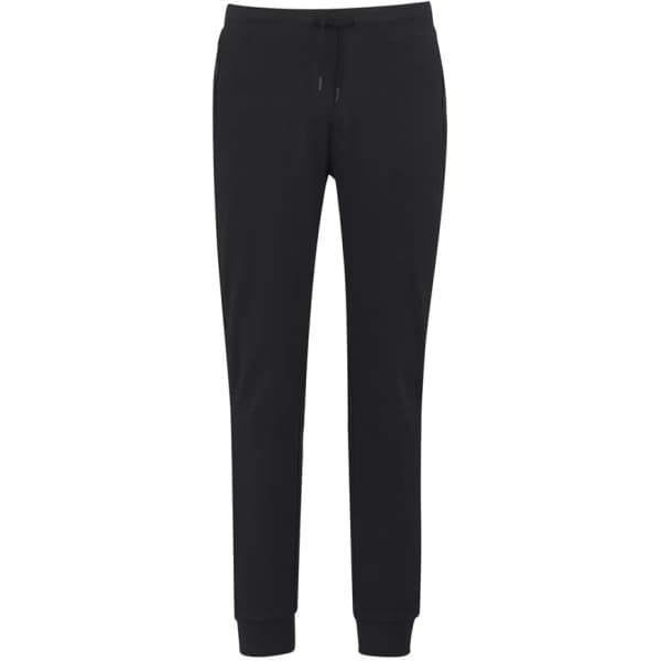 A pair of black track pants with a drawstring waist and ankle cuffs, featuring side pockets and a logo.