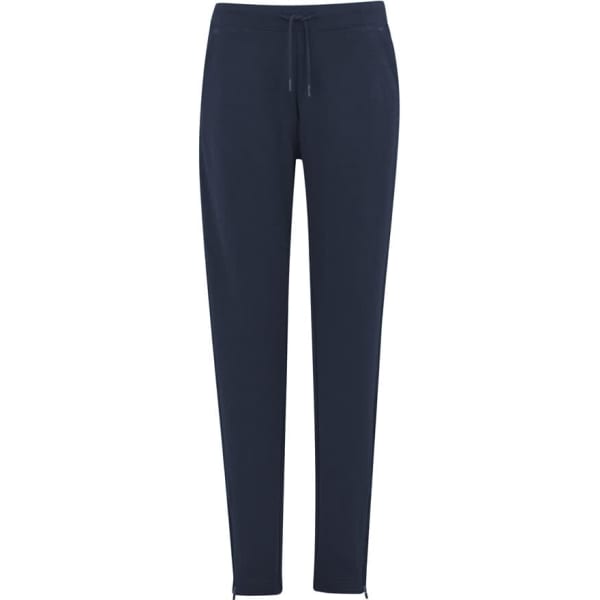 Navy women's track pants with a drawstring waist and a logo on the side. Features a slim fit and ankle zippers.