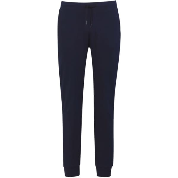 Navy track pants with a fitted design, featuring an elastic waistband and pockets. Includes branding logo.