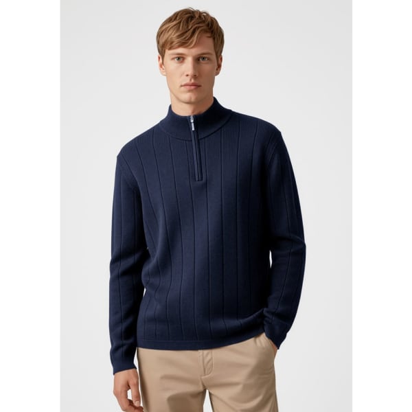 A navy blue 80/20 wool pullover sweater with a half-zip and ribbed texture. It features a logo on the chest.