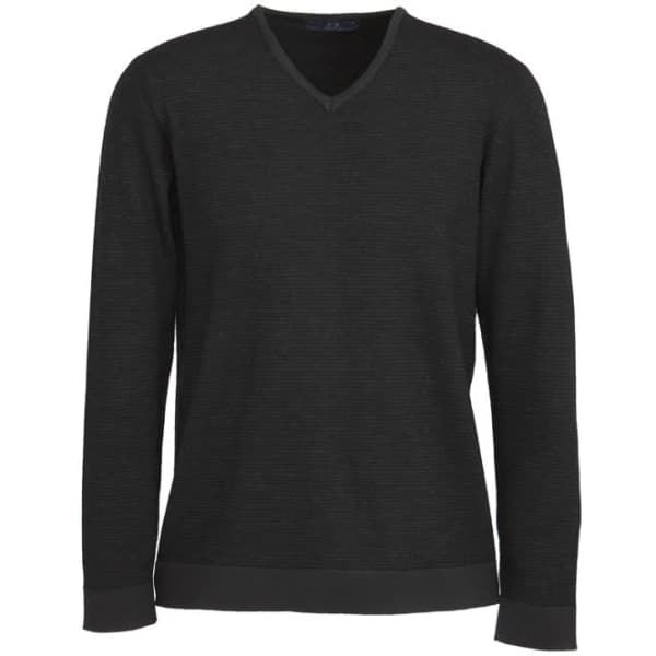 A black men's pullover sweater with a V-neck and long sleeves, featuring ribbed cuffs and hem, and a logo.
