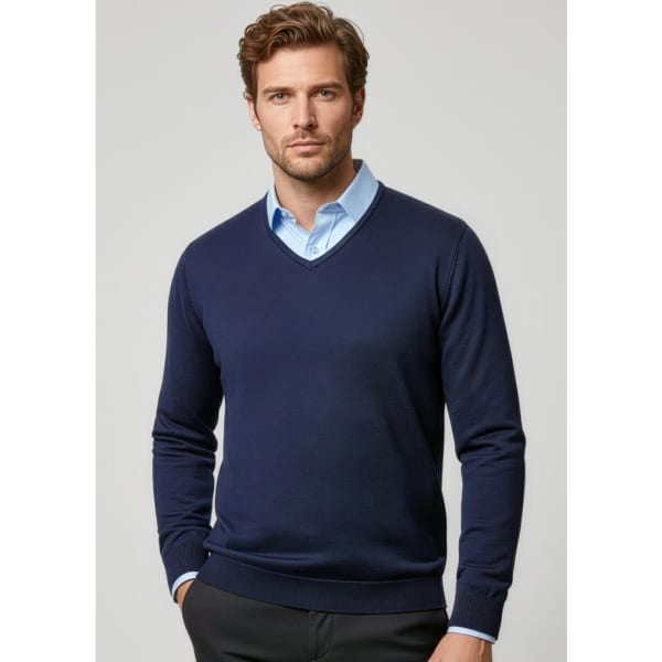 A navy Milano pullover sweater featuring a V-neck design and long sleeves, displayed on a model.