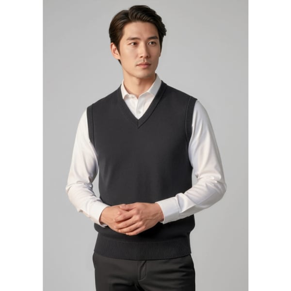 A men's woolmix knit vest in dark grey, featuring a V-neck design and ribbed hem, worn over a white shirt.
