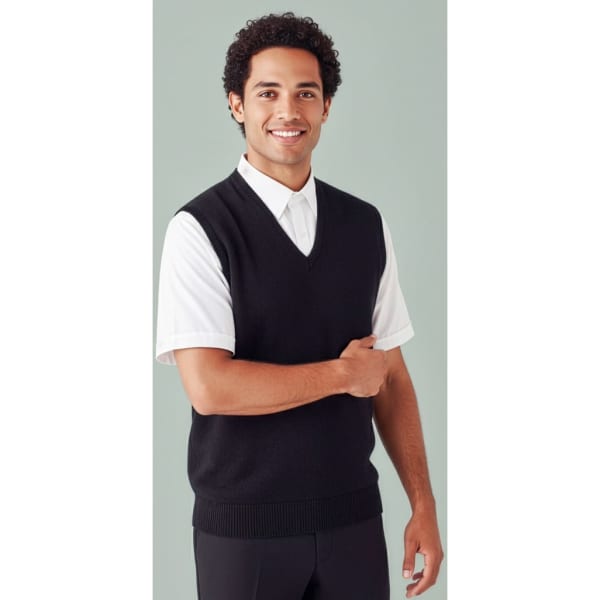 A black men's vest with a V-neck design, worn over a white short-sleeve shirt. It features a logo on the chest.