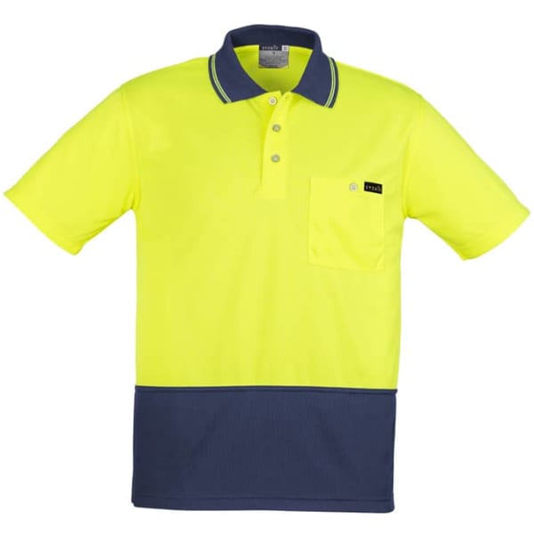 A short sleeve polo shirt in high visibility yellow with a navy blue bottom and one chest pocket. It features a logo.