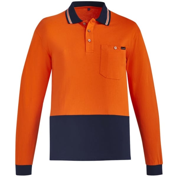 A long sleeve polo shirt in orange with a navy bottom and contrast detailing, featuring a pocket and a logo.