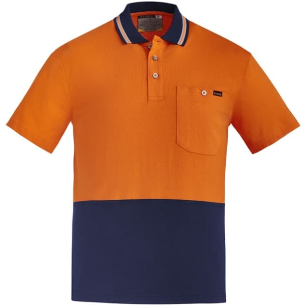 Men's high visibility short sleeve polo in orange and navy, featuring a pocket and a logo on the chest.