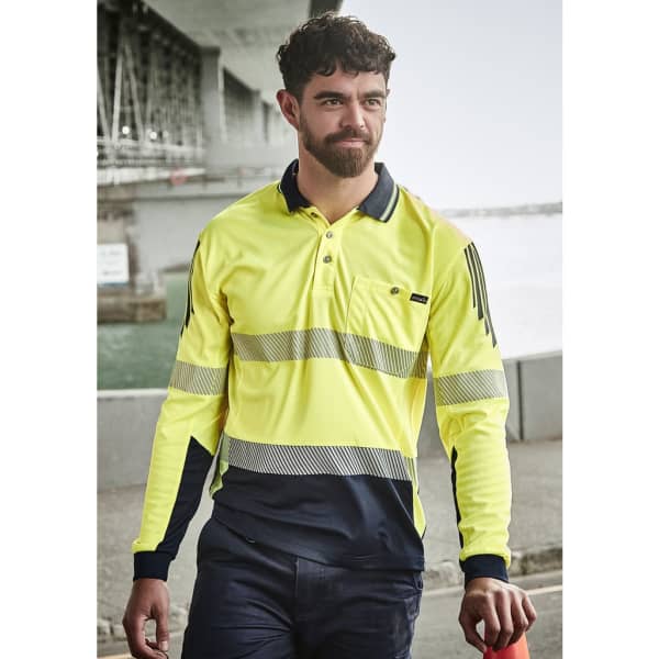 A long sleeve polo in high visibility yellow with navy segments, featuring reflective tape and a logo.