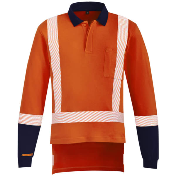 An orange and navy long-sleeve work polo shirt with reflective tape and a chest pocket, featuring a logo.