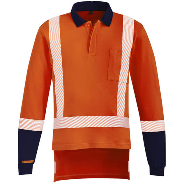 An orange polo shirt with navy sleeves and reflective tape accents, featuring a pocket and a logo.