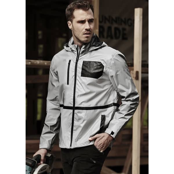 A light grey unisex waterproof jacket with reflective details, featuring a hood and black accents. Includes branding.