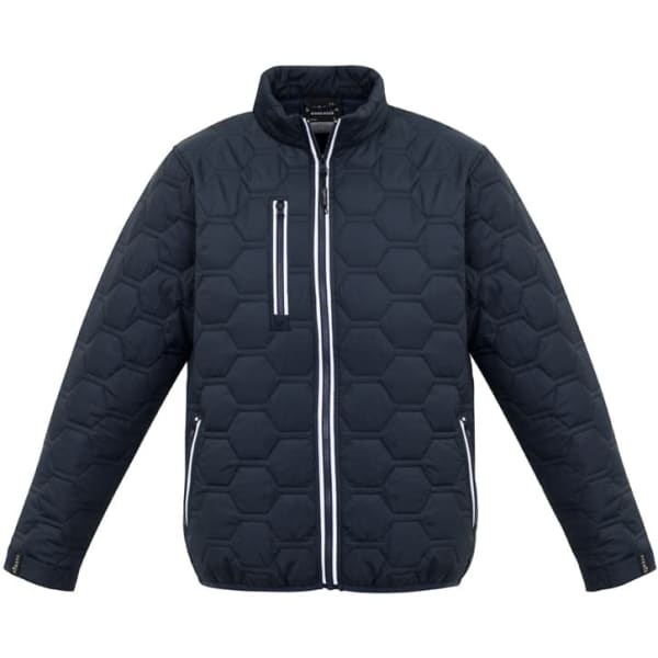 A unisex hexagonal puffer jacket in dark navy, featuring a zipped pocket and a logo on the front.