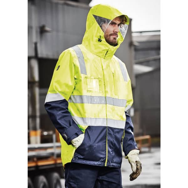 A waterproof jacket in hi-vis yellow and navy blue, featuring reflective stripes and a hood. It has a logo.
