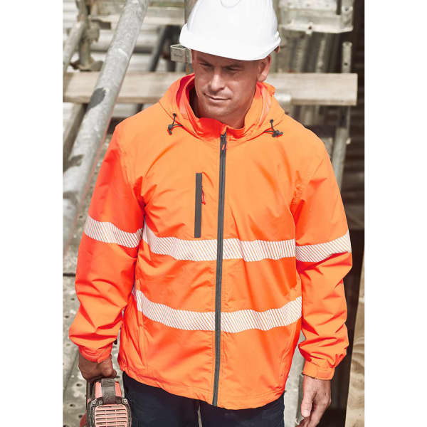 An orange rain jacket with reflective stripes, featuring a hood and a front zip pocket, is being worn by a man.
