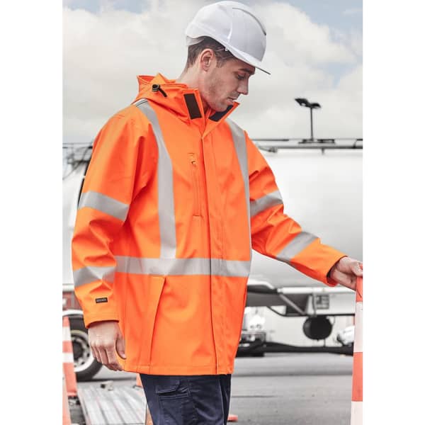A heavy-duty waterproof jacket in bright orange with reflective stripes, worn by a person wearing a safety helmet.