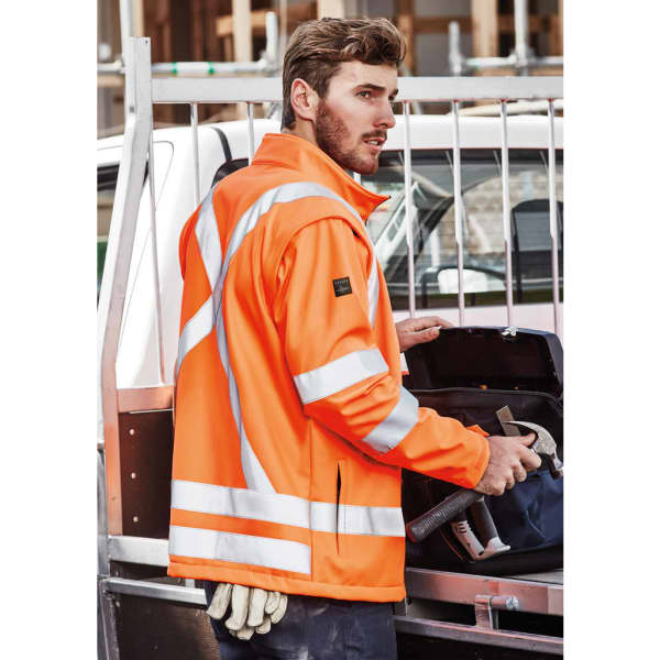A bright orange unisex hi-vis softshell jacket with reflective stripes, displayed on a male model.