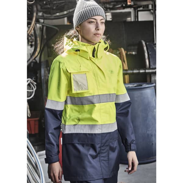 A women's hi-vis ultralite waterproof jacket in bright yellow and navy, featuring reflective stripes and a hood.