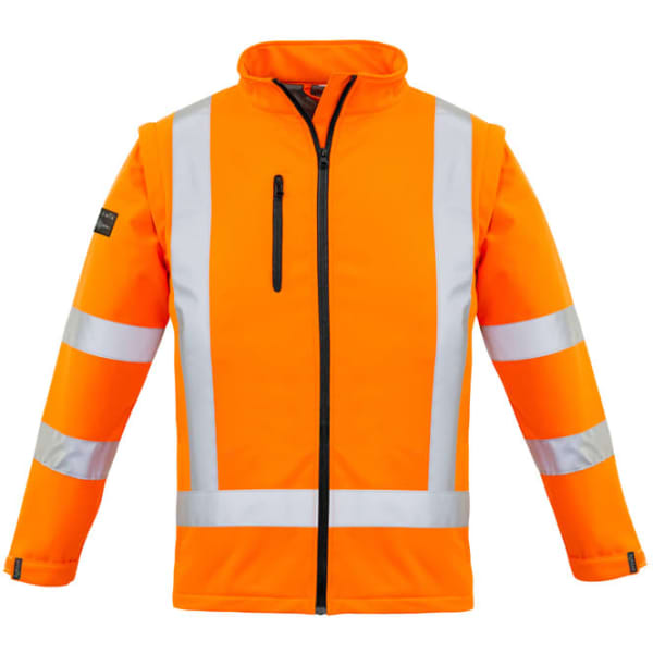 A high visibility orange softshell jacket with reflective stripes, featuring a zip pocket and a collar.