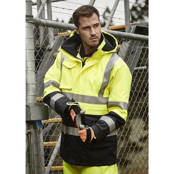 A men's fluorescent yellow and navy waterproof jacket with reflective stripes, featuring a hood and gloves.