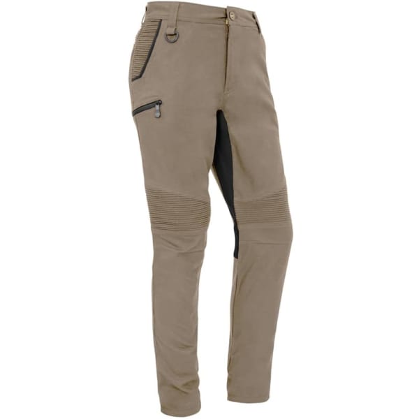 A pair of men's stretch work pants in a khaki and black colour combination, featuring zip pockets and textured knee panels.