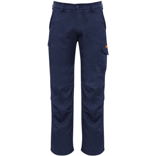 Men's navy cargo pants featuring multiple pockets and a logo detailing. Cotton fabric with a durable finish.