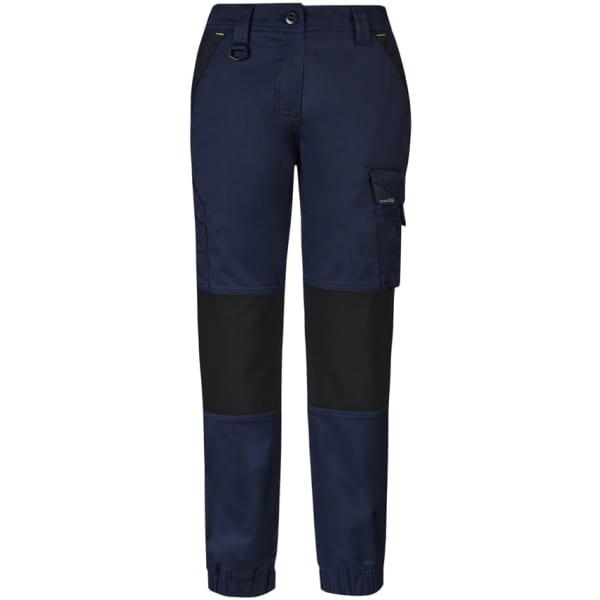 A pair of navy women's work pants with black panels and a side cargo pocket, featuring a brand logo.
