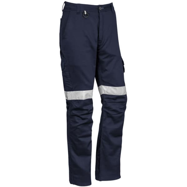 Navy work pants featuring a reflective stripe and multiple pockets, designed for rugged use. Includes branding.