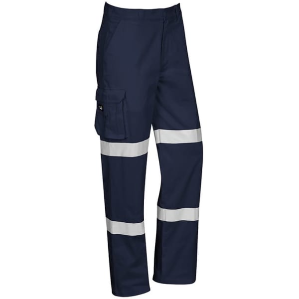 Men's navy work pants featuring reflective stripes and cargo pocket, designed for durability and visibility.
