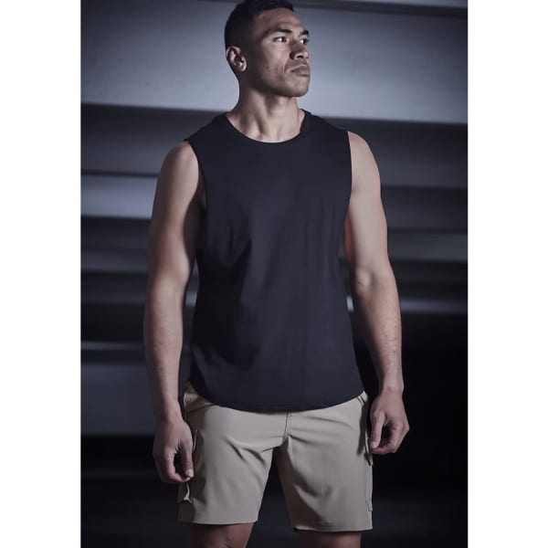 A model wearing black sleeveless top and khaki Mens Streetworx Board Shorts, showcasing a casual and sporty look.