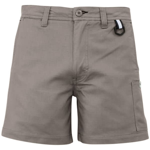 Men's rugged cooling shorts in a light grey colour, featuring a front button closure and a side pocket.
