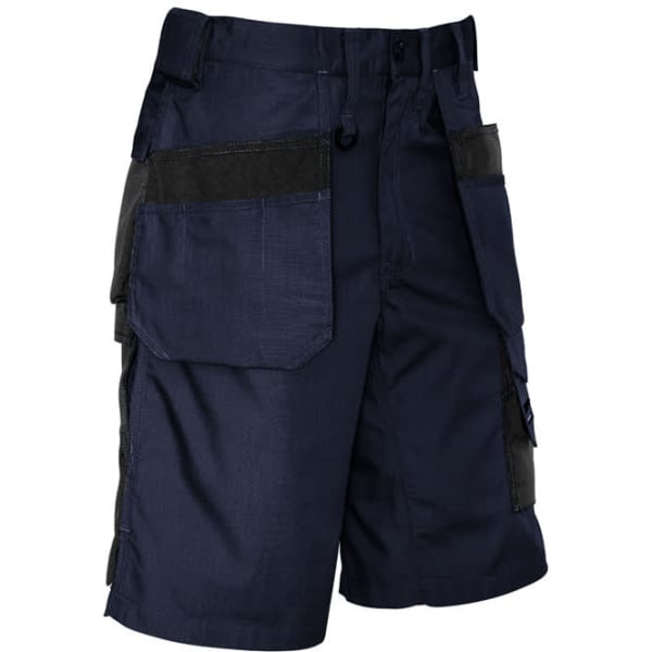 A navy multi-pocket short featuring multiple side pockets and a logo, designed as cargo shorts for men.