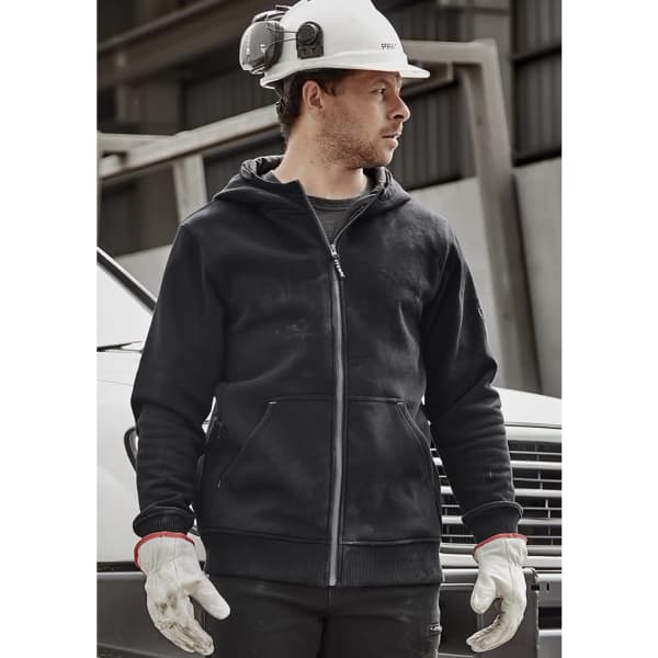 A black unisex zip front hoodie with multiple pockets, worn by a man in a hard hat and gloves, standing near a vehicle.