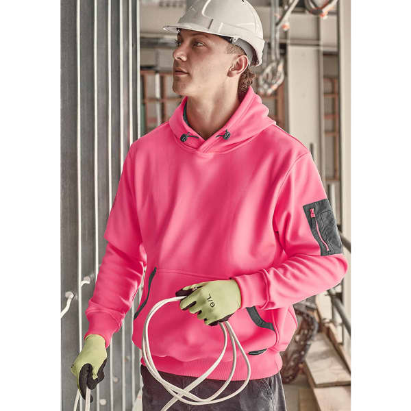 A bright pink unisex water-resistant hoodie with a pocket, worn by a worker holding ropes and wearing gloves.