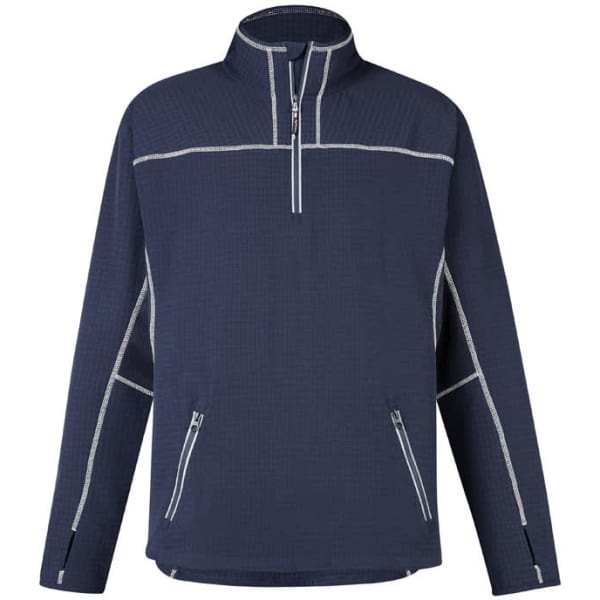 A navy mid-layer jacket featuring a half-zip collar and contrasting stitching, with zippered pockets.