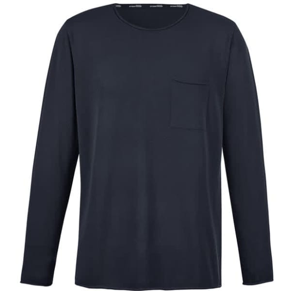 A navy blue unisex pullover with long sleeves and a chest pocket, featuring a branding logo.
