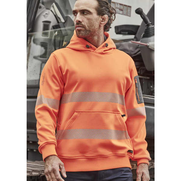 Unisex water-resistant hoodie in bright orange with segmented reflective tape and a zipped pocket, featuring a hood.