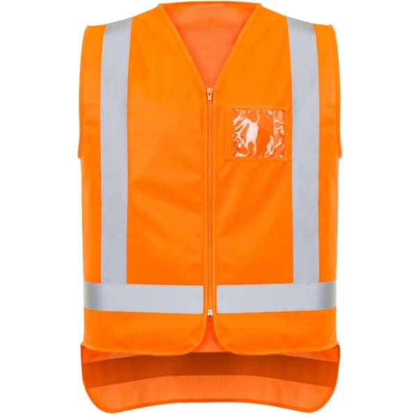 An orange zip-up vest with reflective strips and a small pocket, featuring a logo on the front.