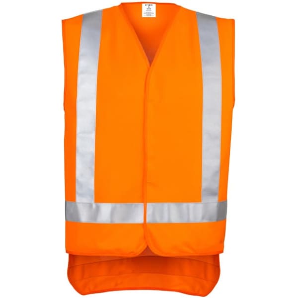An orange reflective vest with silver stripes, featuring a single-layer design and a branding logo.
