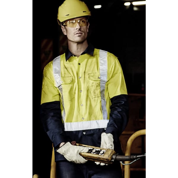 A men’s long sleeve work shirt featuring yellow and navy colours, with shoulder tape and a logo.