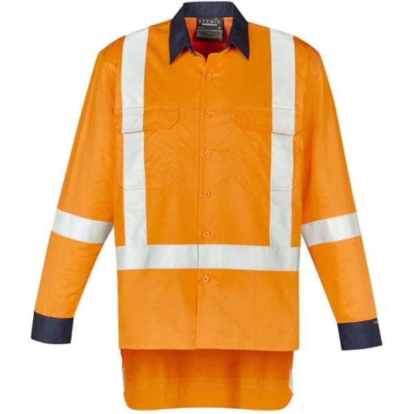 An orange work shirt with navy blue collar and reflective stripes, featuring long sleeves and a button-up front.