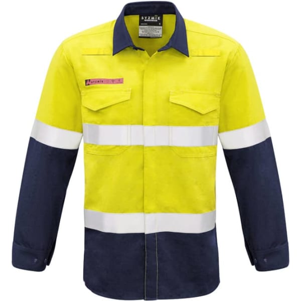 A high visibility shirt with yellow and navy colours, featuring hoop taping and two front pockets. It includes a logo.