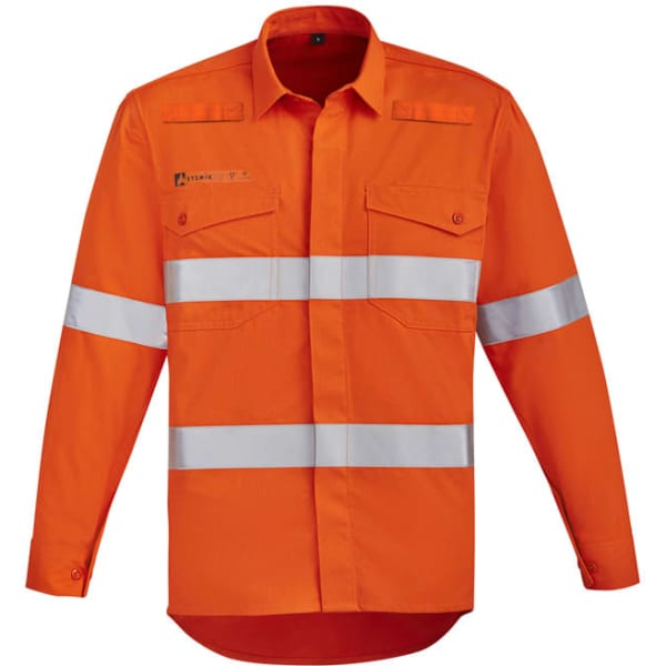 An orange hi-vis open front shirt featuring hoop tape with long sleeves and two chest pockets.