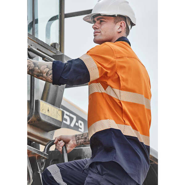 Rugged long sleeve shirt in orange and navy with segmented reflective tape, featuring a logo on the chest.
